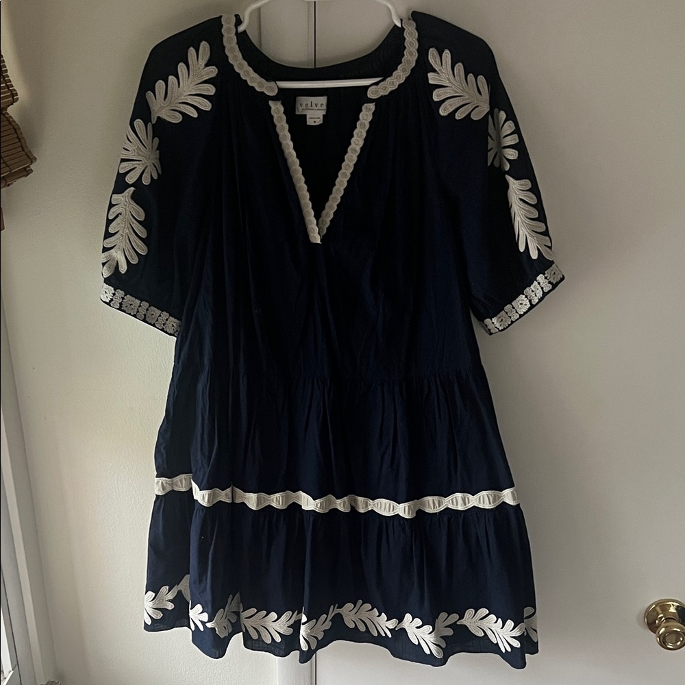 Anthropologie Navy Mini Dress with White Embroidery